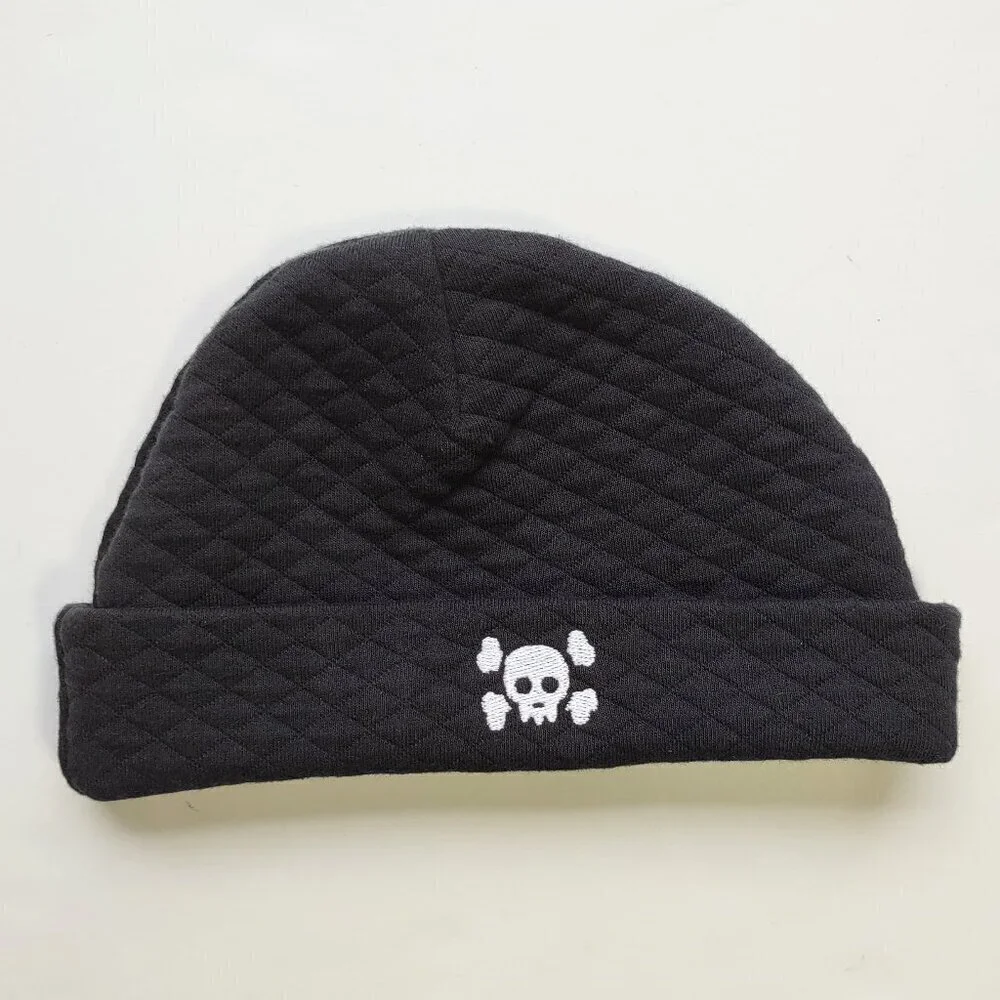 Vintage Gerber Embroidered Skull Baby Beanie Quilted Cotton Black Sz 6-9 Months